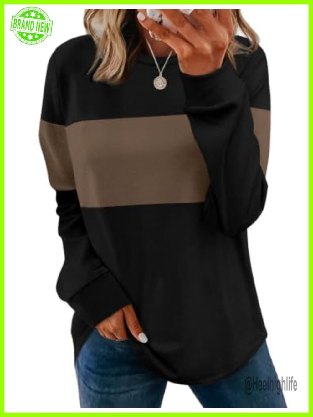 Womens Long Sleeve Color Block Tunic Sweatshirt Loose Fit Curved Hem